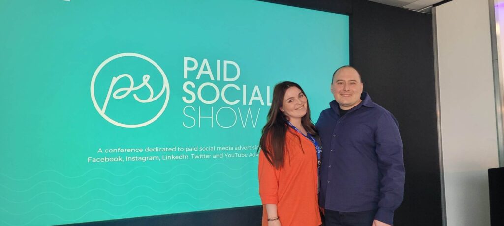 April at BrightonSEO: Filip was presenting on stage at the Paid Social Show, sharing valuable insights with an attentive audience. Post-presentation, Izzy joins him on stage for a celebratory photo, capturing a moment of professional achievement and teamwork.